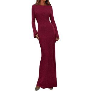 Women's Burgundy Long Sleeve Ribbed Knit Boat Neck Bodycon Casual Maxi Dress